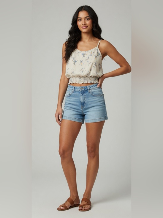 willow & root Tops - Floral Smocked Hem Crop Cami Top - Cream